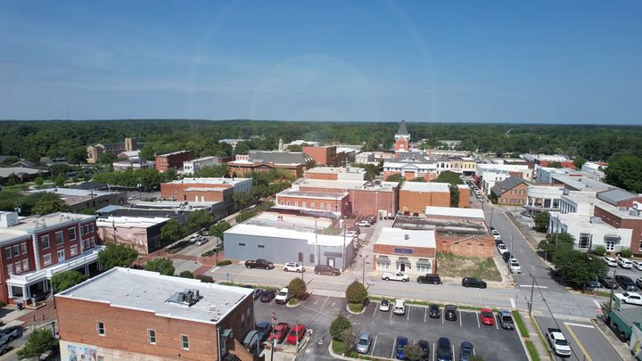 Drone shot over downtown Statesboro