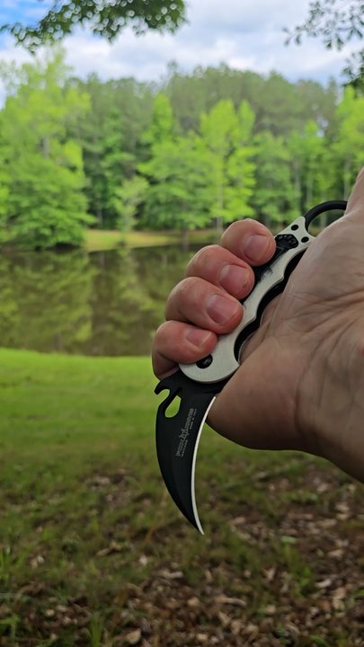 A karambit knife held up against the trees