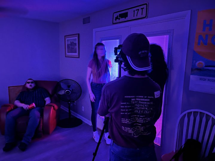 Shooting the blue-lit scene