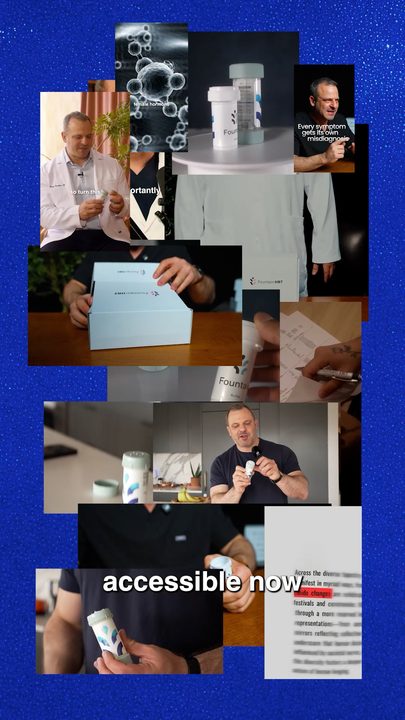 A paper collage of product shots and doctor clips on a blue background