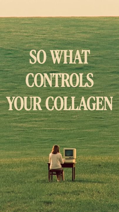'So what controls your collagen' over a woman at a desk in an open field