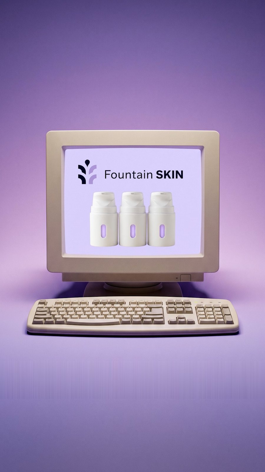 Fountain SKIN ad frame: a retro computer showing the product line