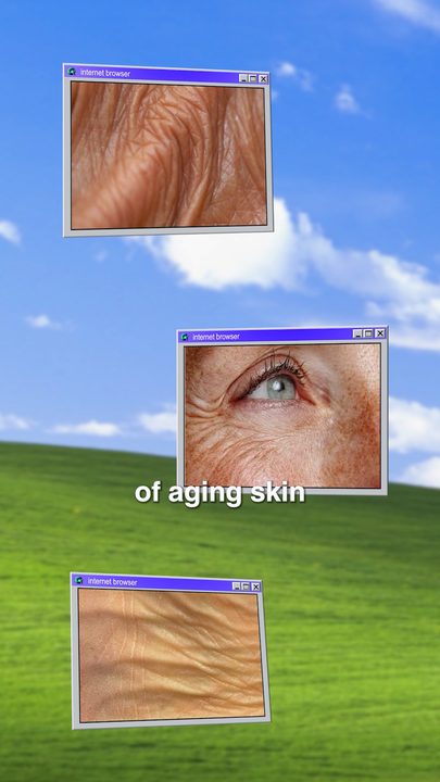 Close-ups of aging skin popping up as windows over a rolling green hill