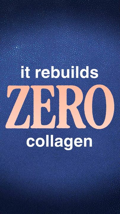 Bold 'it rebuilds ZERO collagen' typography on blue