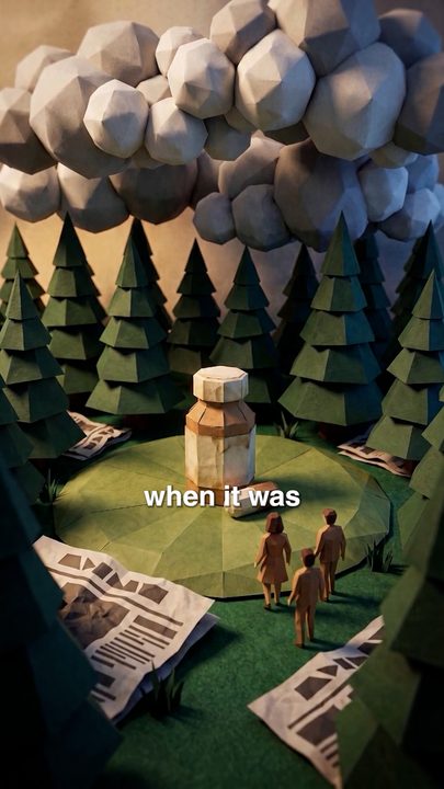 A paper-craft forest under storm clouds with a tiny family walking