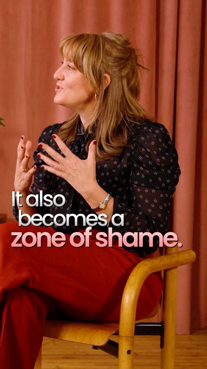 Kyra mid-sentence under the words 'It also becomes a zone of shame'