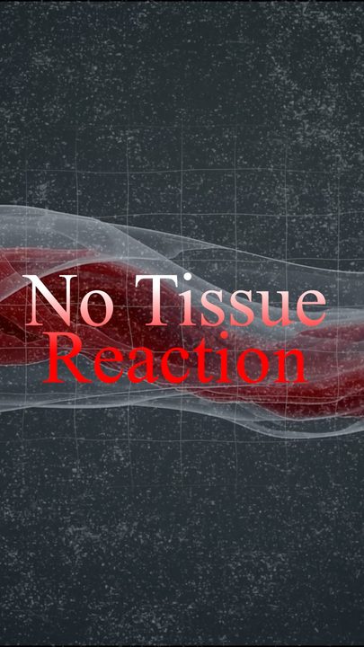 Red 'No Tissue Reaction' type over a dark medical render