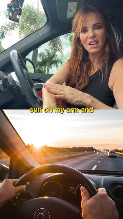 A split frame of a creator in her car and a sunset highway