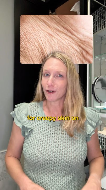 A creator explaining crepey skin with a texture close-up inset