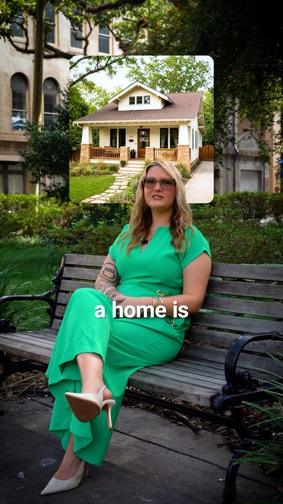 Savanna on a park bench with a house picture-in-picture