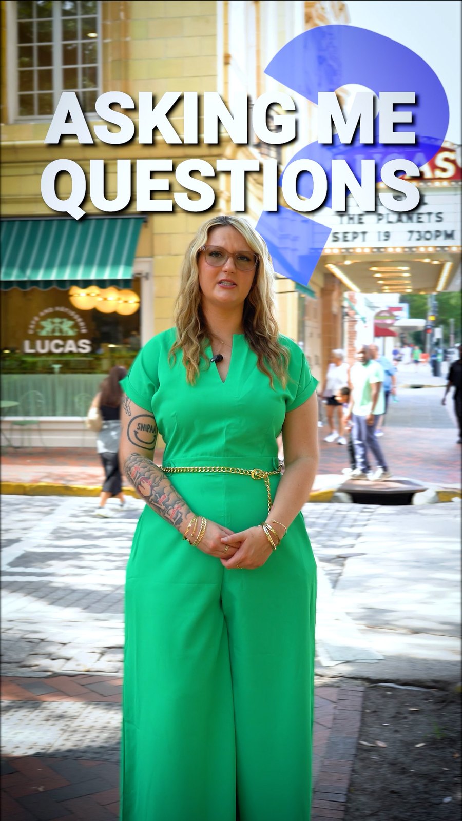 'Asking me questions' title in front of the Lucas Theatre