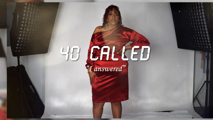 The '40 Called, I answered' title over Teresa in a red satin dress